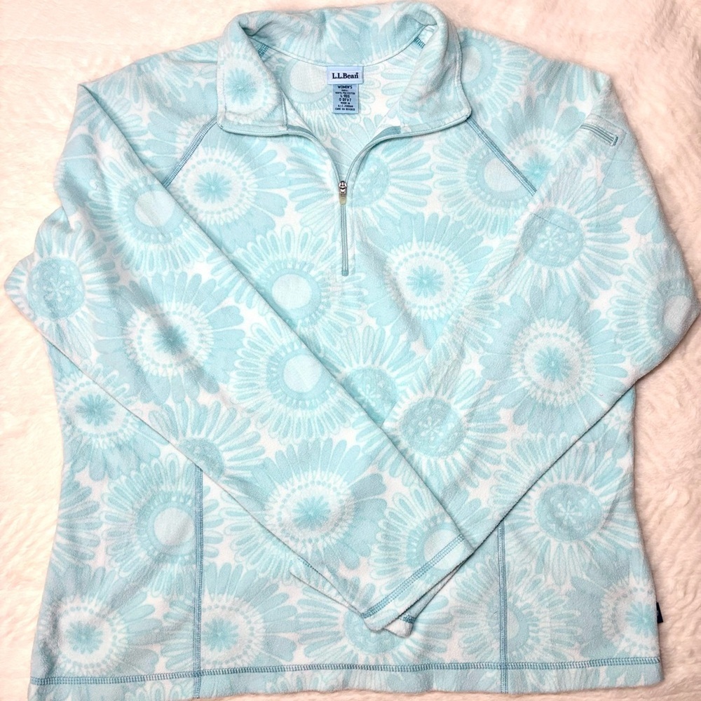 L.L. Bean Aqua Floral Fleece Pullover Size Large
